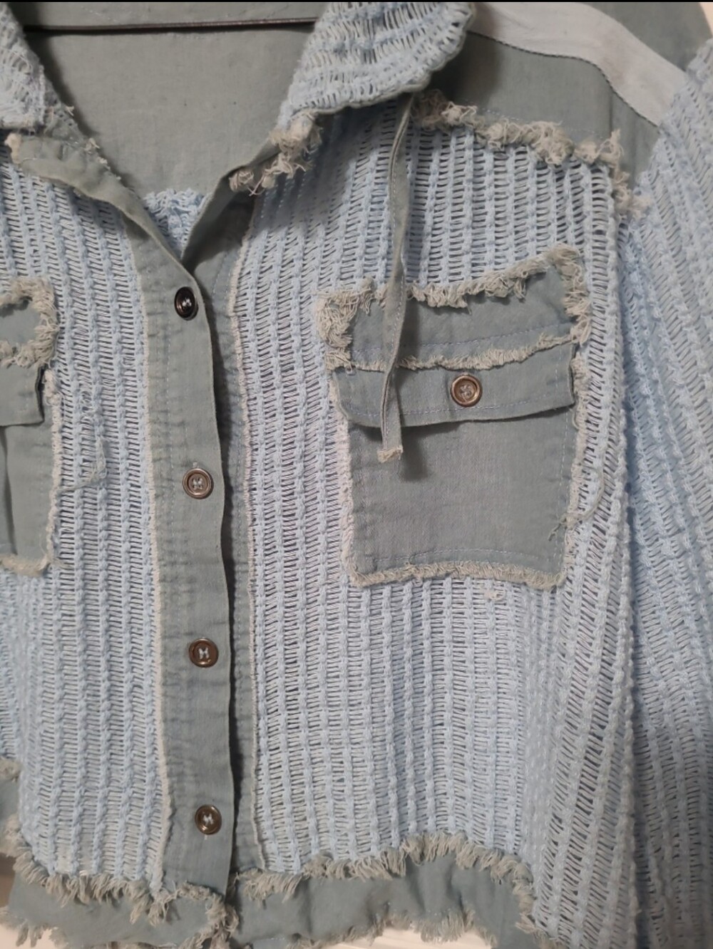 POL Blue Open Knit Distressed Hooded Jacket Top Medium - Picture 3 of 6